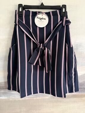 Hayden Los Angeles Navy Striped Skirt High Waisted Front Bow Belt - Medium